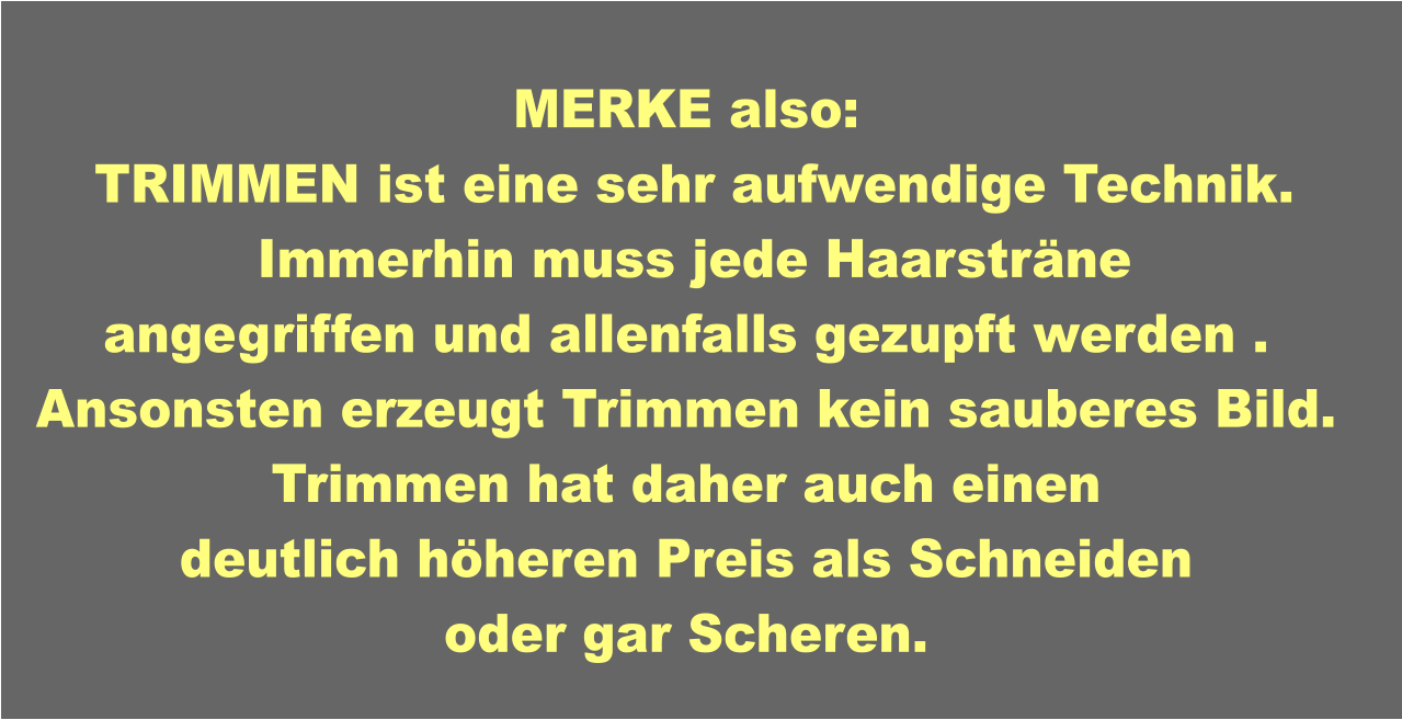 MERKE also:   TRIMMEN ist eine sehr aufwendige Technik.  Immerhin muss jede Haarsträne angegriffen und allenfalls gezupft werden . Ansonsten erzeugt Trimmen kein sauberes Bild. Trimmen hat daher auch einen deutlich höheren Preis als Schneiden oder gar Scheren.